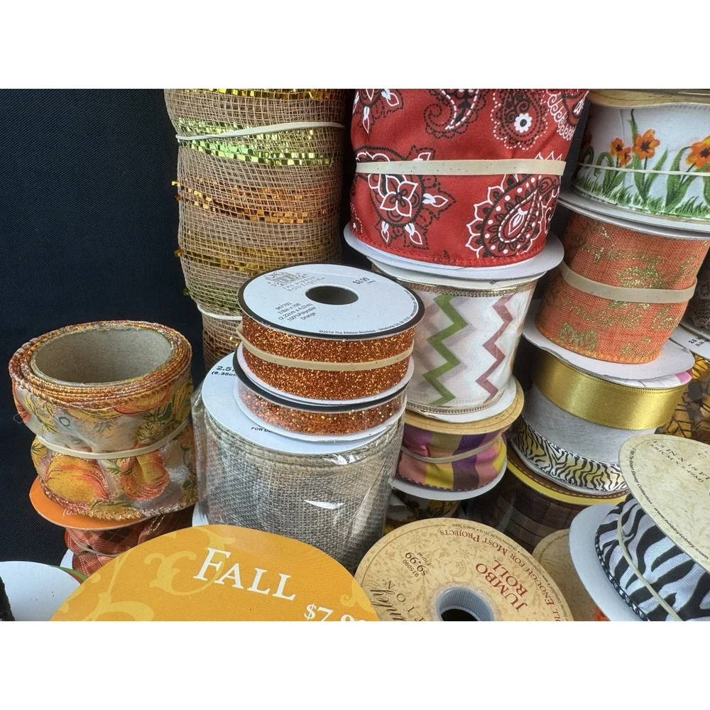 Lot Of 30+ Fall/Halloween Craft Wired Ribbon New & Used